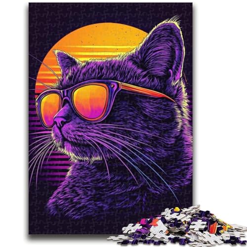 Synthwave Lila Katzen-Puzzle, 1000 Teile, für Teenager, Denkspiel, Wanddekoration, einzigartige Geburtstags (50x75cm) von AADSAZA