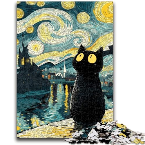 Van Gogh Nachthimmel Schwarze Katze Puzzle für Erwachsene 1000 Teile, Hilft dem Gehirn, süchtig machendes Spielzeug zu trainieren, um Geduld bei der Eltern-Kind-Interaktion zu fördern (50x75cm) von AADSAZA