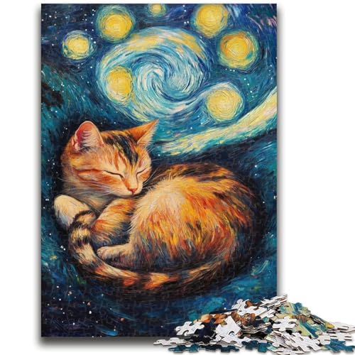Van Gogh-Puzzle „Nachthimmel, Schwarze Katze“ für Teenager, 1000 Teile, anspruchsvolles Spiel und Familienspiel mit vollständig ineinandergreifenden, zufällig geformten Teilen (38x26cm) von AADSAZA