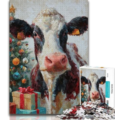 Weihnachtsmannmütze-Kuh-Puzzle 1000 Teile für Teenager, als Lernspiel, Herausforderungsspielzeug, ganze Familie (38x26cm) von AADSAZA