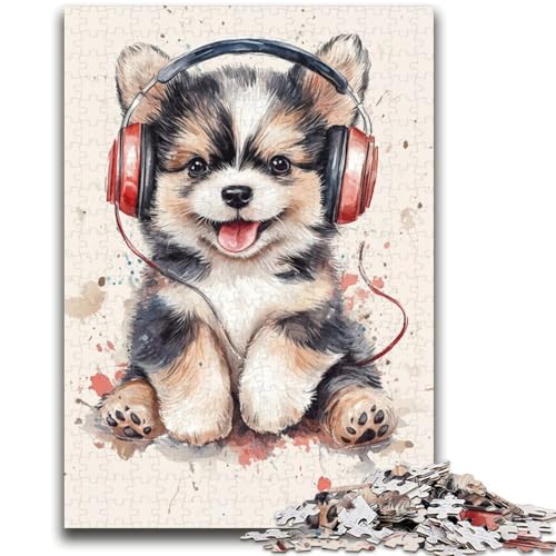 Welpe mit Kopfhörern, Puzzle 1000 Teile, für Teenager, Geschenke, Spielzeug, Lernspiele, Stressabbau, tolle Geschenke und Spielzeuge (50x75cm) von AADSAZA