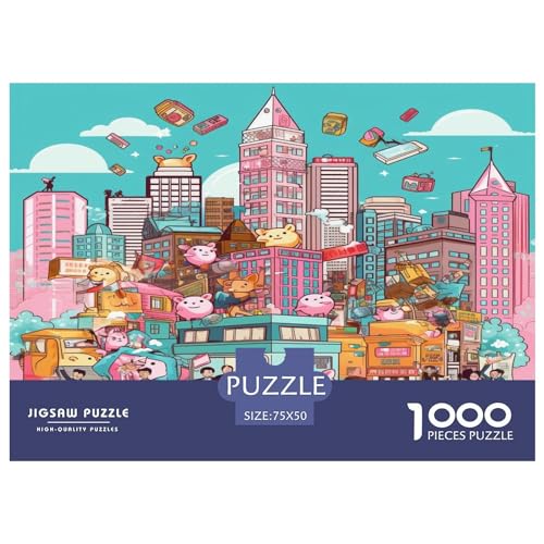 Rosa Stadtpuzzle für Kinder, Citys_Bustling, 1000-teiliges Puzzle für Erwachsene, Holzpuzzle für Erwachsene und Kinder, Stressabbau, 1000 Teile (75 x 50 cm) von AAHARYA