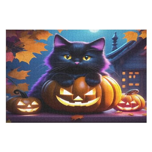 Halloween Katze Holzpuzzle 1000 Teile, Knobelspiele Für Erwachsene, Teenager, Puzzles Unmögliche - Kinder Puzzle Zimmer Deko （75×50cm） von AAPZY