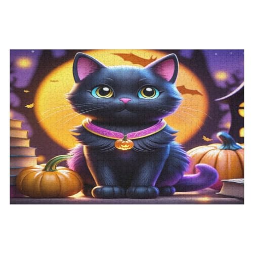 Halloween-Katze Holzpuzzle 1000 Teile,Puzzles Für Erwachsene, Impossible Puzzle, Geschicklichkeitsspiel Für Die Ganze Familie,Home Dekoration Puzzle, Puzzle Kinder Legespiel （75×50cm） von AAPZY