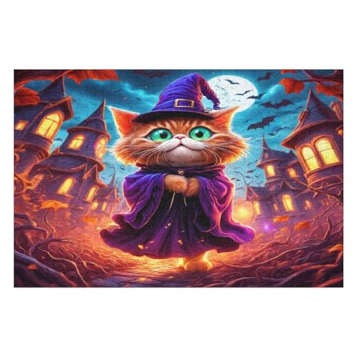 Halloween Katze Puzzles 1000 Teile Erwachsener Kniffel Spaß Für Die Ganze Familie - 1000 Puzzleteilige Motive, Holzpuzzle Kinder Erwachsene, Impossible Puzzle Schwer （75×50cm） von AAPZY
