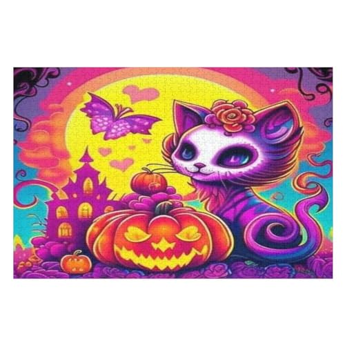 Halloween-Kürbis Puzzle 1000 Teile, Holzpuzzle Für Erwachsene, Impossible Puzzle, Geschicklichkeitsspiel Für Die Ganze Familie, Puzzle Farbenfrohes Legespiel Kinder Puzzles （75×50cm） von AAPZY