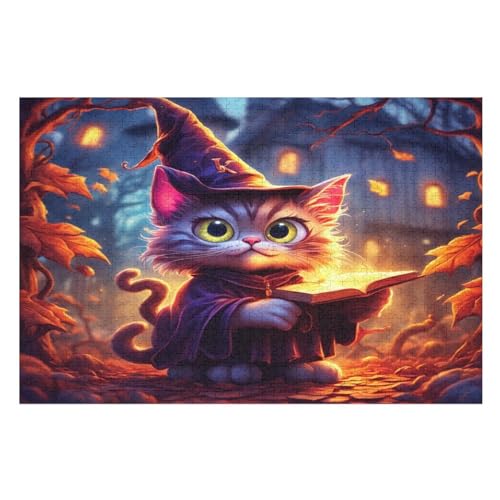 Holzpuzzle Halloween Katze Puzzle 1000 Teile Erwachsene Klassische Pädagogisches Spielzeug Kinder Lernspiel Herausforderndes Puzzles Raumdekoration Detailreiches Geschenk （75×50cm） von AAPZY