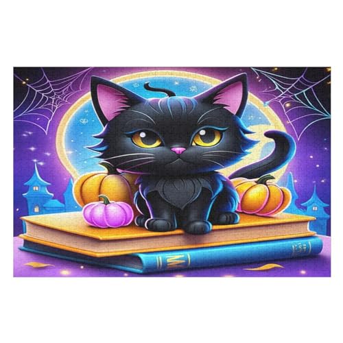 Holzpuzzle Halloween-Katze Puzzle 1000 Teile Erwachsene Klassische Pädagogisches Spielzeug Kinder Lernspiel Herausforderndes Puzzles Raumdekoration Detailreiches Geschenk （75×50cm） von AAPZY