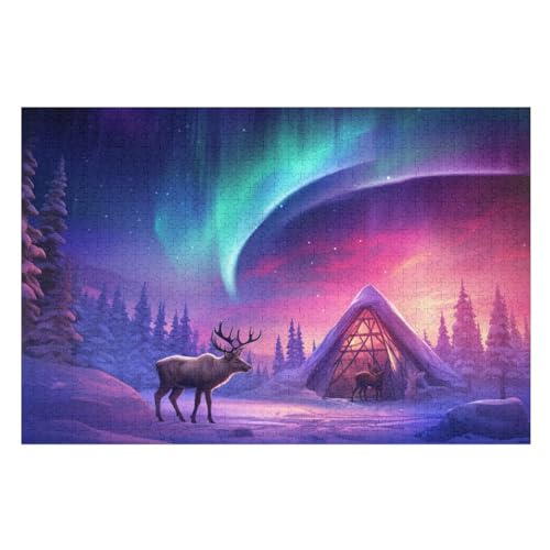 Puzzle 1000 Teile Erwachsene Aurora Elch Holzpuzzle Für Erwachsene Lernspiel Herausforderungsspielzeug 1000-teilige The Puzzles Für Erwachsene Kinder （75×50cm） von AAPZY