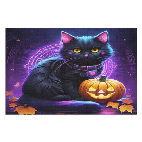 Puzzle Für Kinder, Halloween Katze -Puzzle Für Erwachsene, 1000-teiliges Holzpuzzle Für Jugendliche Und Erwachsene, Tolles （75×50cm） von AAPZY