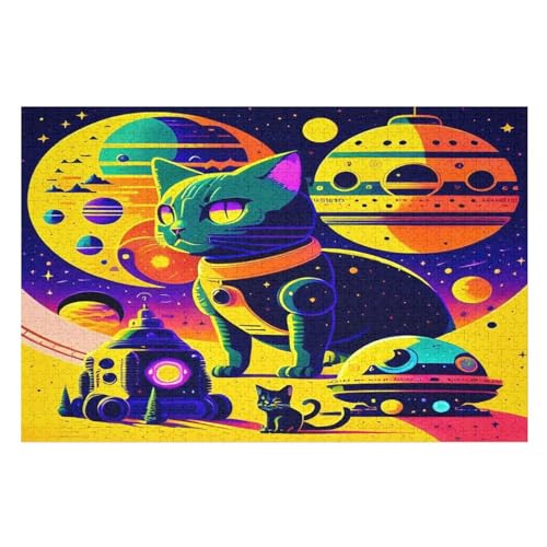 Space Color Katze Holzpuzzle 1000 Teile Klassische Puzzles Erwachsene Kinder Puzzle DIY Kit Holzspielzeug Einzigartiges Geschenk Moderne Wohnkultur （75×50cm） von AAPZY