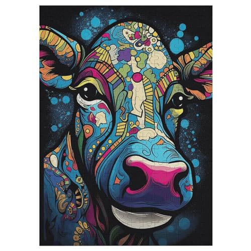 Puzzle Für Erwachsene, 300 Teile, Psychedelisch-Pattern-Cow, Holzpuzzle, Geburtstagsgeschenke, Puzzle Wanddekoration 42×30cm von AASWDDS