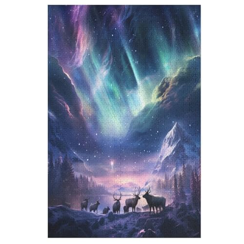 Aurora-Elch 1000 Teile Holzpuzzle,einzigartiges Puzzle, Geschenk Für Erwachsene,Familienspiel,Herausforderungsaktivität,78×53cm von AASWDFR