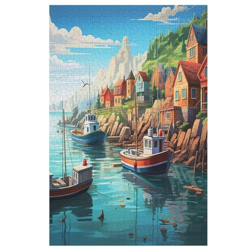 Häuser am Meer 1000 Teile Puzzles Für Erwachsene, Impossible Puzzle, Geschicklichkeitsspiel Für Die Ganze Familie, Kinder Holzpuzzle （78×53cm） von AASWSWW