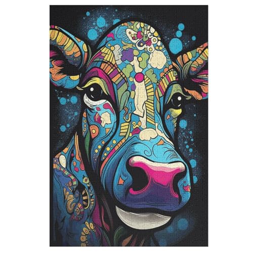 Psychedelisch-Pattern-Cow Holzpuzzle 1000 Teile Klassische Puzzles Erwachsene Kinder Puzzle DIY Kit Holzspielzeug Einzigartiges Geschenk （78×53cm） von AASWSWW