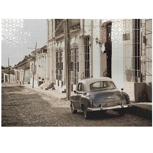 ABAKUHAUS Oldtimer Puzzle, Old Car Cuba Street, Heirloom-Qualität lustige Aktivität für die Familie langlebiger Karton, 1000 Stücke, Beige von ABAKUHAUS