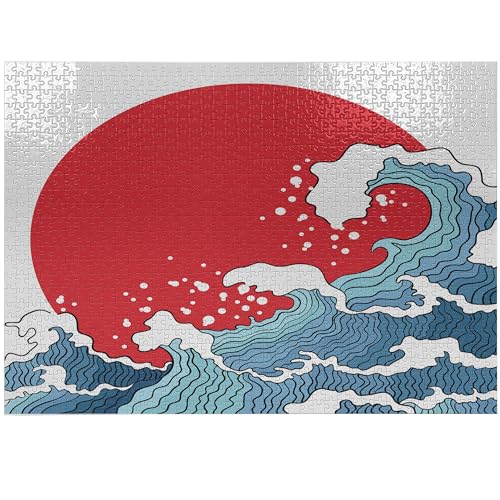 ABAKUHAUS japanische Welle Puzzle, Red Sun Tsunami, Heirloom-Qualität lustige Aktivität für die Familie langlebiger Karton, 1000 Stücke, Rot Blau Weiß von ABAKUHAUS