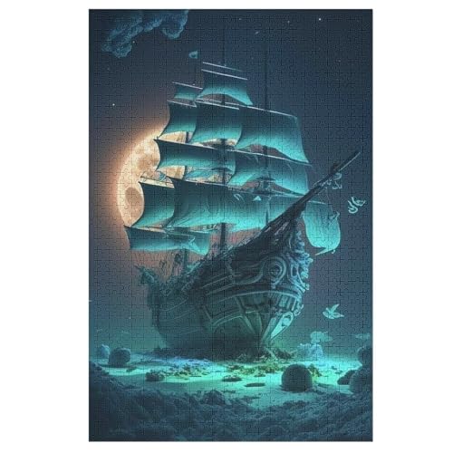 Holzpuzzles 1000 Teile Pirate Ship,Boot -Puzzle Für Jungen Und Mädchen, Schwierigkeitsgrad, Lernspiele, Familienspielzeug （78×53cm） von ABASWSA