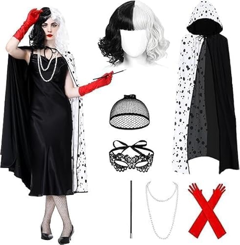 ABC.icos Cruella Kostüm Damen, Cruella Umhang, Karneval Kostüm Damen für Karneval Fasching Cosplay Maskerade Halloween, S von ABC.icos