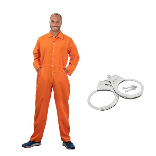 ABC.icos Herren Gefangener Kostüm, Herren Orange Overall mit Handschellen, Gefängnis, Kriminelles Kostüm für Halloween Gefangener Räuber Cosplay Karneval, L von ABC.icos