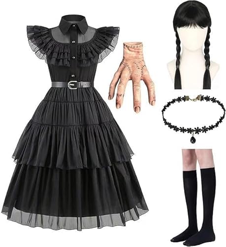 ABC.icos Mittwoch Kostüm Kleid Kinder Schwarzes Gotisch Kostüm Mädchen Mittwoch Familie Cosplay Kleider mit Aufkleber Perücke Socken Perückenkappe Karnevals Kostüme Outfit für Fasching Halloween, 130 von ABC.icos