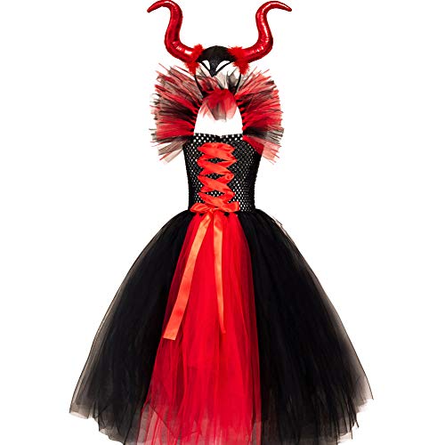 ABEHIK Mädchen Böse Hexenkleid mit Horn Halloween Kinder Kostüm Karneval Schwarz Hexe Cosplay Set rot 4-5y ABEHIK Mädchen Böse Hexenkleid mit Horn Halloween Kinder Kostüm Karneval Schwarz Hexe Cosplay Set rot 4-5y von ABEHIK