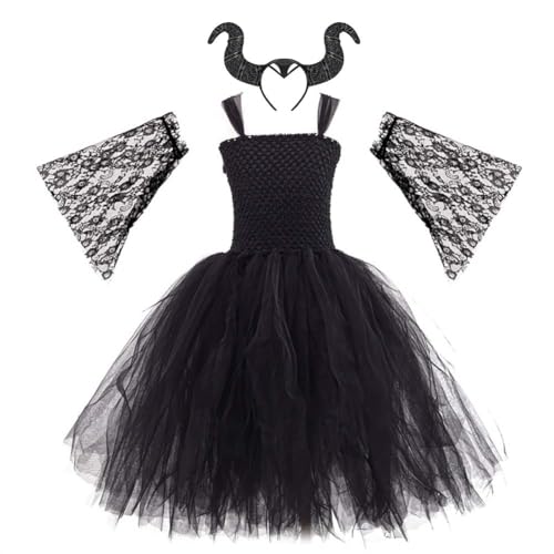 ABEHIK Mädchen Böse Hexenkleid mit Horn Halloween Kinder Kostüm Karneval Schwarz Hexe Cosplay Set schwarz mit lace XL ABEHIK Mädchen Böse Hexenkleid mit Horn Halloween Kinder Kostüm Karneval Schwarz Hexe Cosplay Set schwarz mit lace XL von ABEHIK