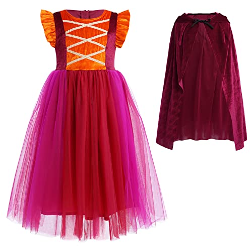 ABEHIK Mädchen Hexen Kostüm mit Umhang Halloween Hexenkostüm für Kinder Cosplay Outfit mit Hexenumhang und Perücken Karneval Set wein 140 ABEHIK Mädchen Hexen Kostüm mit Umhang Halloween Hexenkostüm für Kinder Cosplay Outfit mit Hexenumhang und Perücken Karneval Set wein 140 von ABEHIK