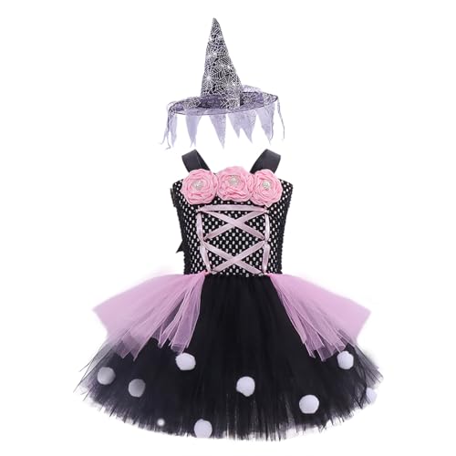 ABEHIK Mädchen Hexenkostüm mit Hut Halloween Kostüm für Kinder Karneval Dress Up Party Cosplay rosa M/100 von ABEHIK