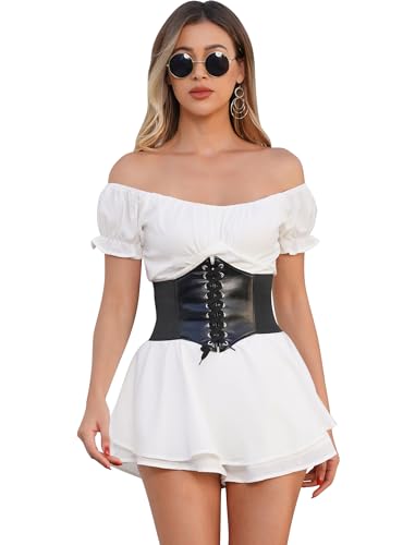 ABEHIK Piratenkost�m mit Taillenband f�r Damen Mittelalter Bluse Jumpsuits Gothic Off Shoulder Kleidung Langarm Renaissance Romper Schulterfreies Steampunk Festliches Kleid wei� mit schwarz XL von ABEHIK