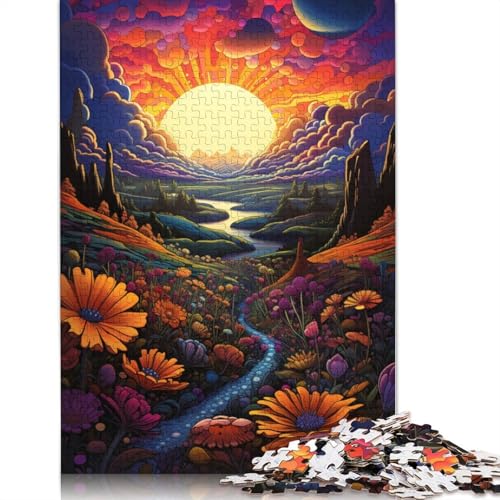 1000 Teile Buntes psychedelisches Feld in den Sonnenuntergangsbergen für Kinder, schwieriges Holzpuzzle, Lernspiel, Herausforderungsspielzeug, 1000 Teile (75 x 50 cm) von ABFFSDT