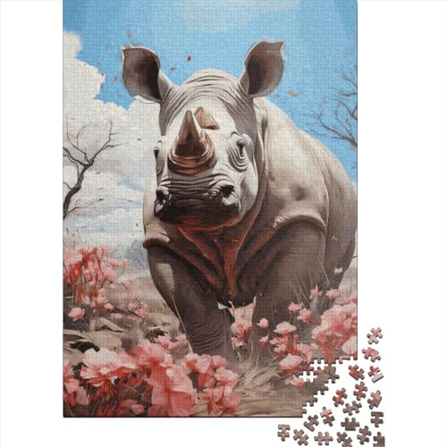 Nashorn-Aquarell-Puzzle für Kinder, 1000-teiliges Puzzle für Kinder, Puzzle 1000 Teile für Kinder, anspruchsvolles Spiel, Puzzle, lustige Spiele, 1000 Teile (75 x 50 cm) von ABFFSDT