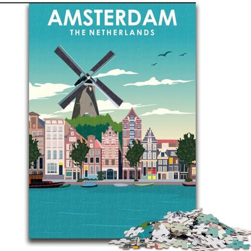 1000-teiliges Puzzle für Erwachsene und Jugendliche, Amsterdamer Windmühlenreise, Spielzeug, Lernspiele, Stressabbau, tolle Geschenke und Spielzeuge, 50x75cm von ABKMXDKZ