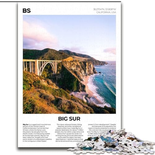 1000-teiliges Puzzle für Erwachsene und Jugendliche, Big Sur, anspruchsvolles Spiel und Familienspiel mit vollständig ineinandergreifenden, zufällig geformten Teilen, 26x38cm von ABKMXDKZ