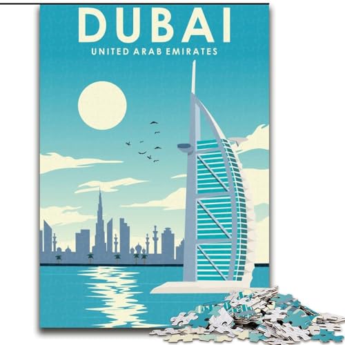 1000-teiliges Puzzle für Erwachsene und Jugendliche, Dubai-Reiseplakat, für Lernspiele, Herausforderungsspielzeug, zur Verbesserung des Gedächtnisses, für 14-Jährige, 26x38cm von ABKMXDKZ