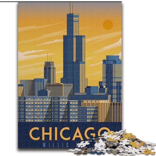 1000-teiliges Puzzle für Erwachsene und Jugendliche, Stadtbild von Chicago, Familienaktivität, einzigartige Heimdekoration und Geschenke für Kinder ab 14 Jahren, 26x38cm von ABKMXDKZ
