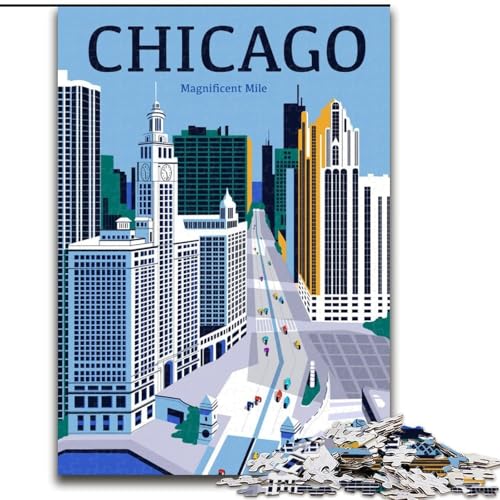 1000-teiliges Puzzle für Jugendliche und Erwachsene, Chicago-Stadtbild, Lernspiele, Heimdekoration, geeignet für die Schreibtischdekoration, 50x75cm von ABKMXDKZ