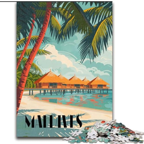 1000-teiliges Puzzle für Teenager, Geschenke, Malediven-Paradieshütten, Spielspielzeug, jedes Teil ist einzigartig – anspruchsvolles Familienspiel für 14-Jährige, 26x38cm von ABKMXDKZ