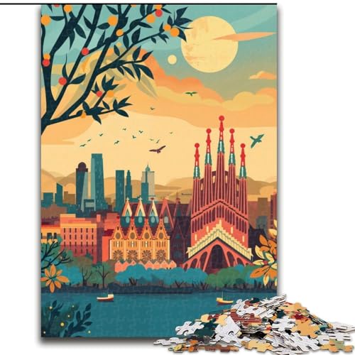 Puzzle 1000 Teile für Erwachsene, Skyline von Barcelona, dekomprimierendes intellektuelles Lernspielzeug, ganze Familie, 26x38cm von ABKMXDKZ