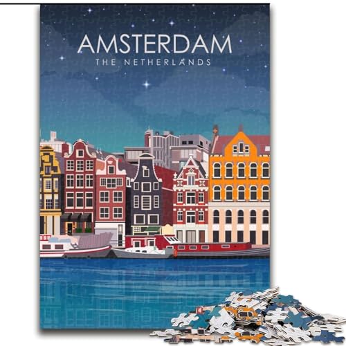 Puzzle 1000 Teile für Teenager, Amsterdam bei Nacht, Reisen, Spielzeug, Lernspiele, Stressabbau, einzigartige Heimdekoration und Geschenke, 26x38cm von ABKMXDKZ