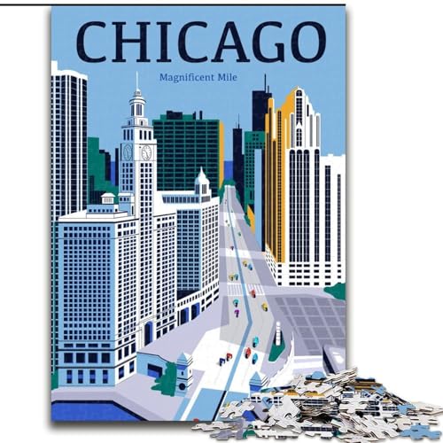 Puzzle für Erwachsene, 1000-teiliges Puzzle, Chicago-Stadtbild, Familienspiel, Stressabbau, schwierige Herausforderung, stärkt die Liebe zwischen Paaren, 26x38cm von ABKMXDKZ