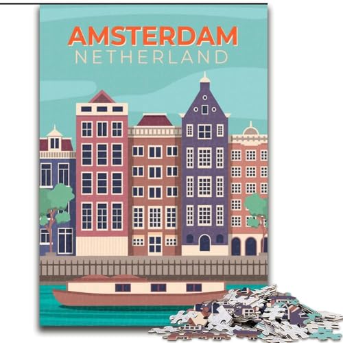 Puzzle für Teenager, 1000 Teile, Amsterdam, Niederlande, für Kinder ab 14 Jahren, geeignet für Paare, Spaß bei Aktivitäten zu Hause, Geburtstagsgeschenk, Reisegeschenke, 50x75cm von ABKMXDKZ