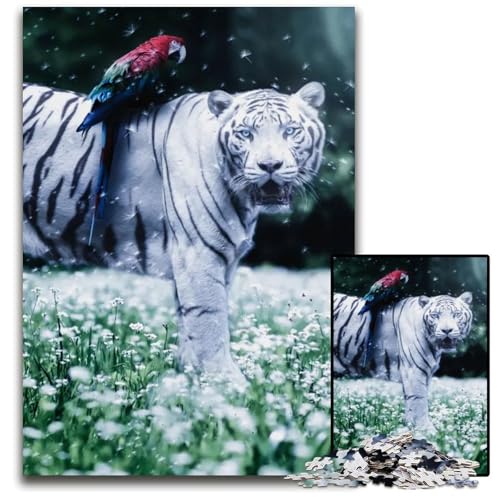 1000 teiliges Puzzle „Weißer Tiger und Papagei“ schwierige Puzzles für Erwachsene kompliziertes Design für Teenager DIY Dekoration und gehirnfördernder Spaß 1000 Teile (75 x 50 cm) von ABKXDMZK