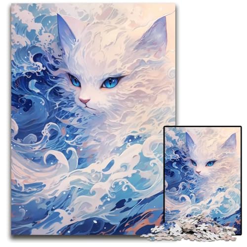 1000 teiliges Puzzle „Weißes Kätzchen Blaue Welle“ für Erwachsene anspruchsvolles Denkspiel für Teenager Spaß für den Familienspielabend 1000 Teile (75 x 50 cm) von ABKXDMZK