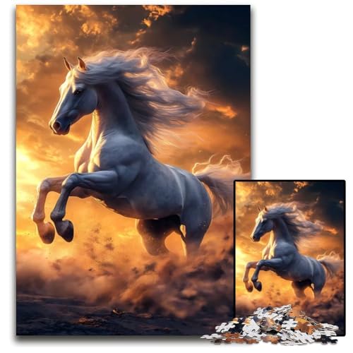 1000 teiliges Puzzle für Erwachsene weißes Pferd Sonnenuntergang Puzzles für Erwachsene entspannende Unterhaltung Heimdekoration 1000 Teile (38 x 26 cm) von ABKXDMZK