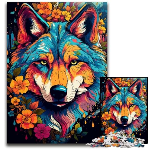 Fantasie Puzzle mit bunten Wölfen und Blumen 1000 Teile unmögliches Puzzle für Erwachsene Denkspiel für Teenager 1000 Teile (75 x 50 cm) von ABKXDMZK
