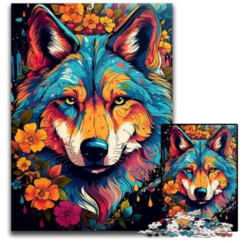 Fantasievolles farbenfrohes Wolf und Blumenpuzzle für 1000 Teile Papierpuzzle Denkspiel für Teenager und Familieninteraktion 1000 Teile (38 x 26 cm) von ABKXDMZK
