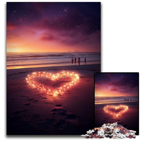 Herz am Strand 1000 teiliges Puzzle Holzpuzzle für Erwachsene für Teenager und Familien perfekte DIY Dekoration und knifflige Herausforderung 1000 Teile (75 x 50 cm) von ABKXDMZK