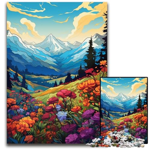 Illustration Einer Berglandschaft mit Wildblumen Puzzle 1000 Teile Puzzle für Erwachsene anspruchsvolles Denkspiel entspannendes Spielzeug für Teenager 1000 Teile (38 x 26 cm) von ABKXDMZK