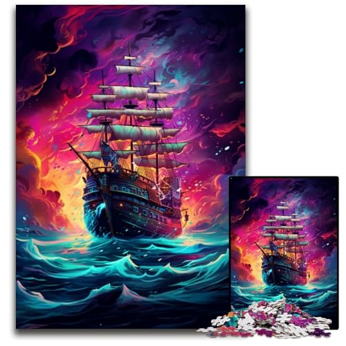 Puzzle 1000 Teile für Erwachsene Zukunft buntes psychedelisches Piratenschiff Holzpuzzle für Erwachsene Muttertag Geburtstage Weihnachten 1000 Teile (75 x 50 cm) von ABKXDMZK